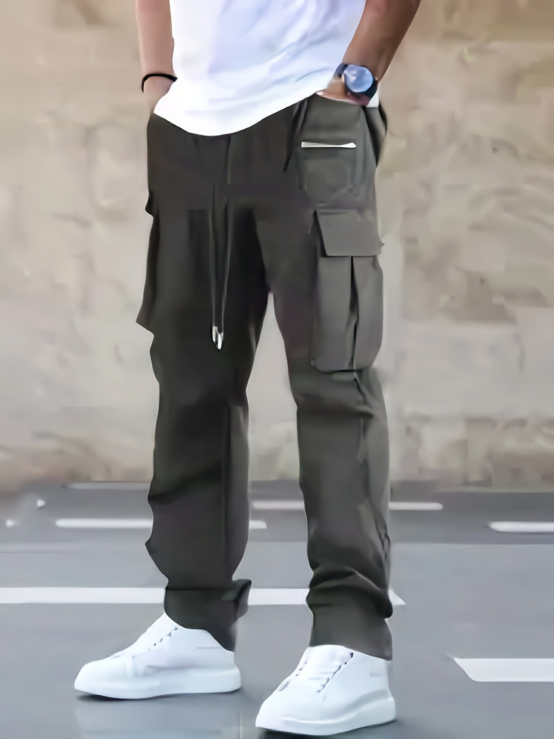 Herren utilitaristische Cargohose mit Reißverschluss‑Tasche, Klappen & Kordelbund Echo Archiv