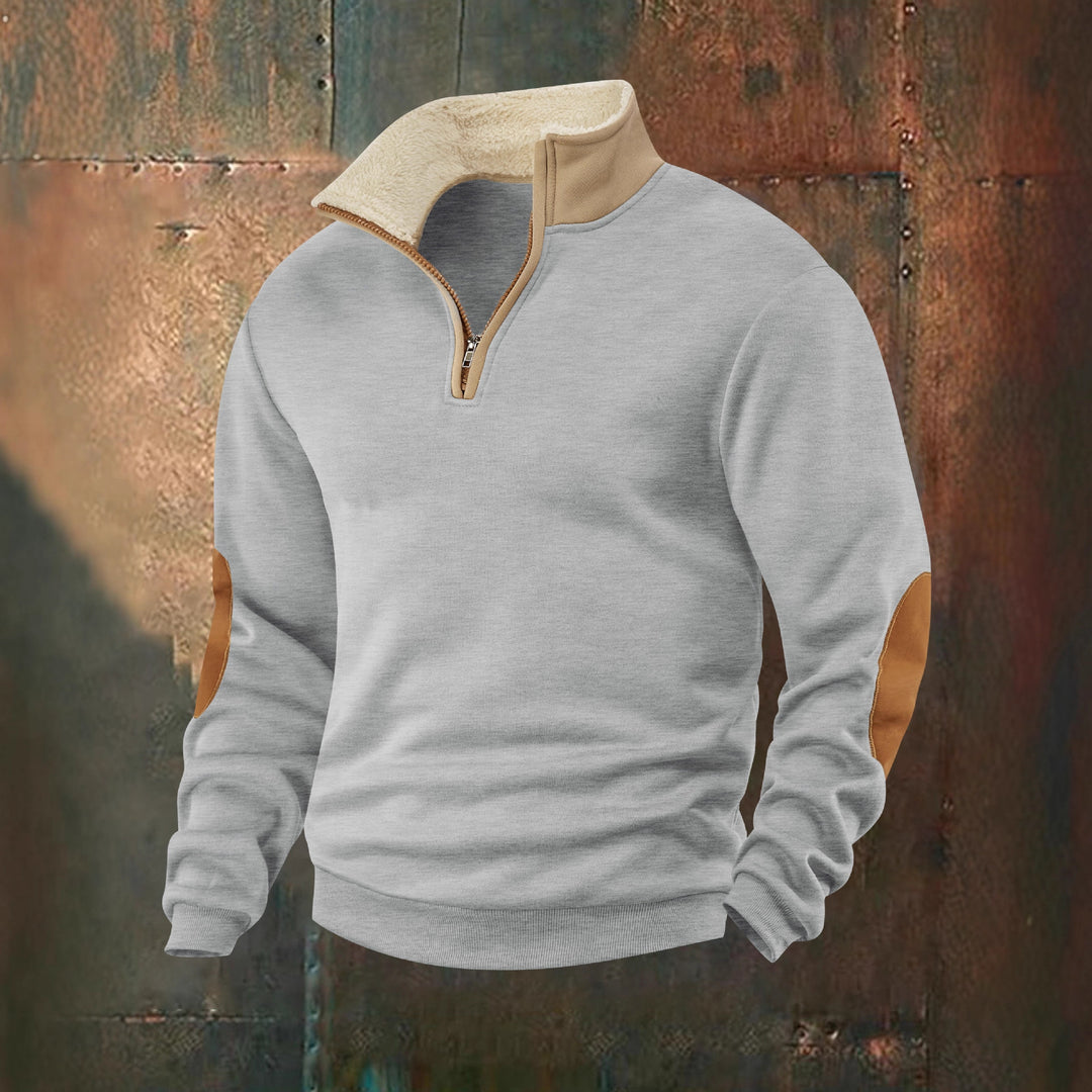 Herren Fleece-Pullover mit hochabschließendem Kragen und modischen Lederapplikationen Echoarchiv