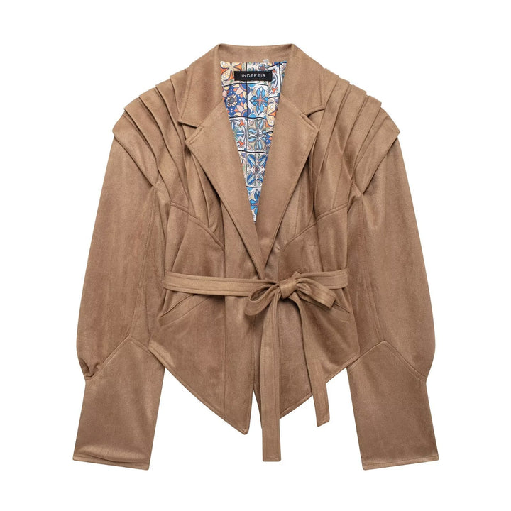 Damen nan taillierter Wildlederoptik Blazer mit Wickelgürtel und gerafften Schultern Echo Archiv