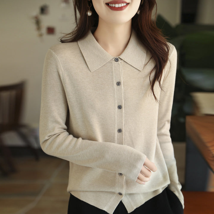 Damen Leichter Feinstrick-Cardigan mit Polokragen und durchgehender Knopfleiste Echoarchiv