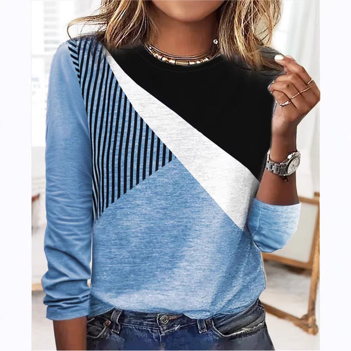 Damen Farbblock Langarmshirt mit schrägem Streifenmuster und Rundhalsausschnitt Echoarchiv