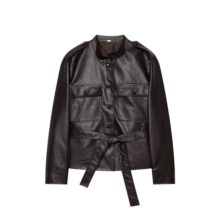 Damen Taillierter Kunstleder-Safari-Blouson mit Bindegürtel und Pattentaschen Echo Archiv