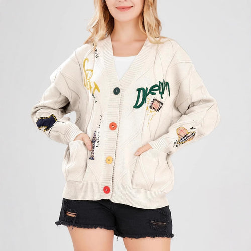 Damen Stylischer Strickcardigan mit bunten Knöpfen und aufwendigem Design