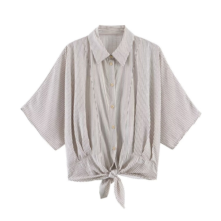 Damen Gestreifte Oversize-Bluse mit Kimonoärmeln und Knotenfront Echo Archiv