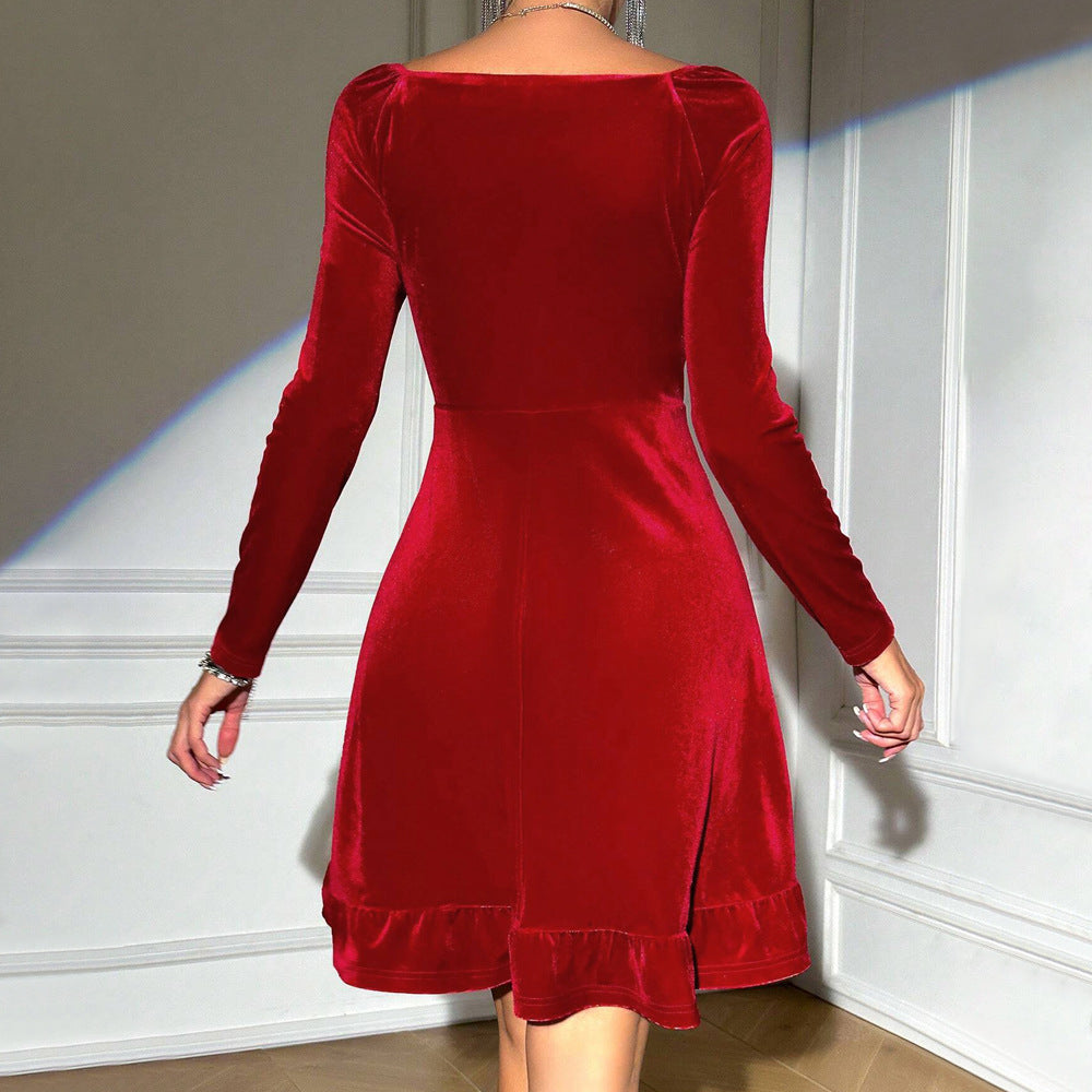 Damen Samt-Cocktailkleid mit Wickel-Bustier taillierter Empire-Passform und Volant-Saum – Élara