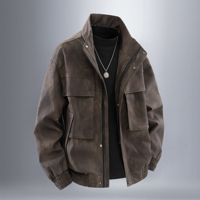 Herren Utility-Harringtonjacke in Lederoptik mit Mehrfachtaschen und elastischem Saum Echoarchiv