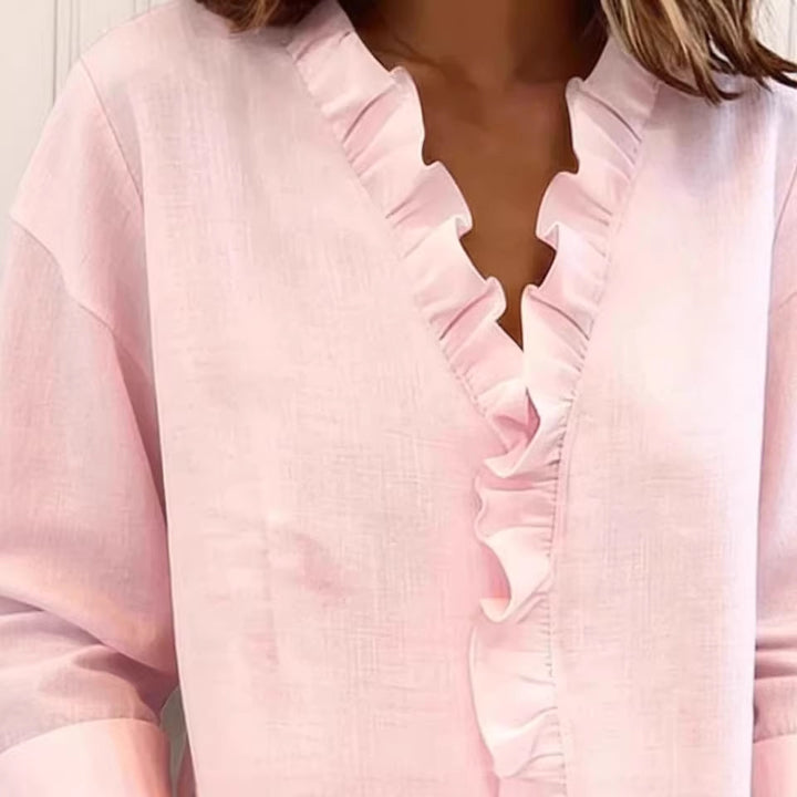Damen leichte Bluse mit Rüschens V-Ausschnitt, 3/4 Ärmeln und lockerer Schnitt – Élovi