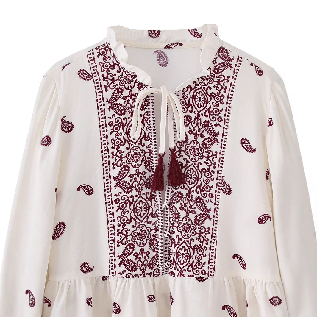 Damen boho Paisley Tunika-Bluse mit Quastenbindegürtel und voluminösen Ballonärmeln – Élovi