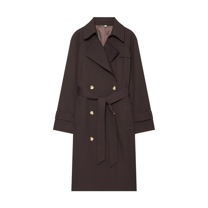 Damen Longline Doppelreihiger Trenchcoat mit Taillengürtel, Ziernähten und Umlegekragen Echo Archiv