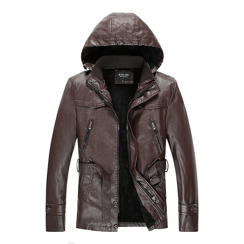 Herren Kunstlederjacke mit Kapuze, Teddyfutter und Gürtelschnalle – Valtoré
