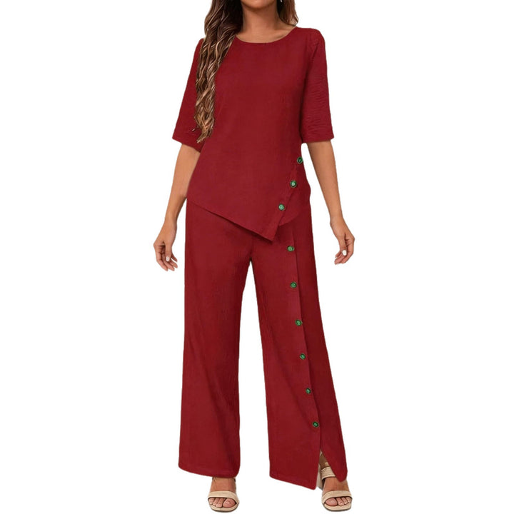 Damen asymmetrisches zweiteiliges Lounge-Set mit 3/4-Ärmeln und seitlicher Knopfverzierung Echoarchiv