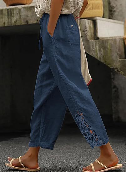 Damen luftige Leinenhose mit dekorativen Stickereien Echoarchiv