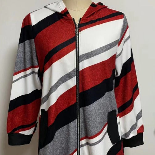 Damen nan Longline-Kapuzenjacke mit diagonalem Streifenmuster, Ringreißverschluss und Seitentaschen Echo Archiv