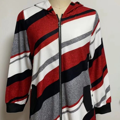 Damen nan Longline-Kapuzenjacke mit diagonalem Streifenmuster, Ringreißverschluss und Seitentaschen Echo Archiv