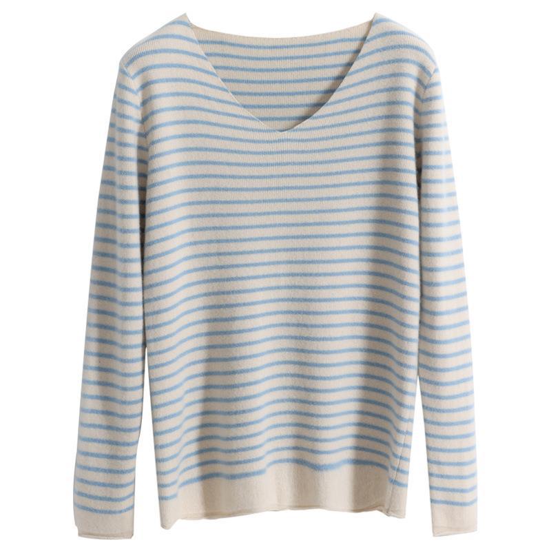 Damen Zarter Streifen-V‑Ausschnittpullover aus feinem Rippstrick mit weichem Fall Echoarchiv