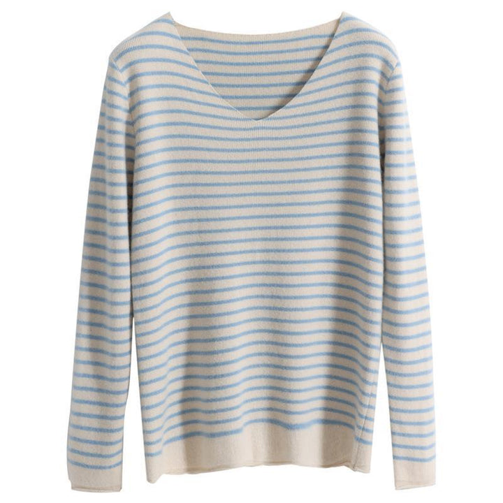 Damen Zarter Streifen-V‑Ausschnittpullover aus feinem Rippstrick mit weichem Fall Echoarchiv
