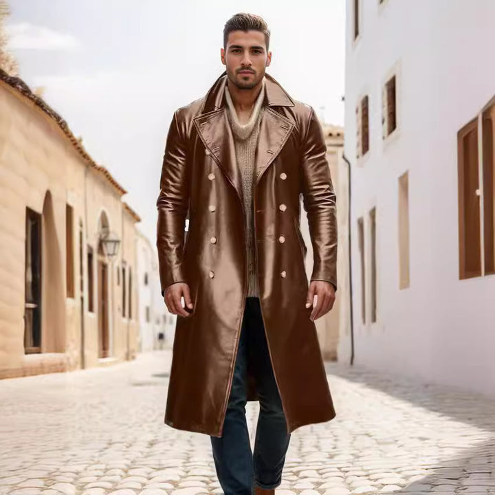 Herren Eleganter Leder-Trenchcoat mit doppelter Knopfreihe und modernem Schnitt Echoarchiv