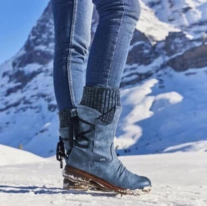Damen Mid-Cut Stiefel mit Strickmanschette, Zierkordel und Veloursoptik – Lioré