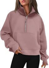 Damen nan weit geschnittenes Kurzpullover mit Stehkragen, halbem Reißverschluss und Kängurutasche Echo Archiv