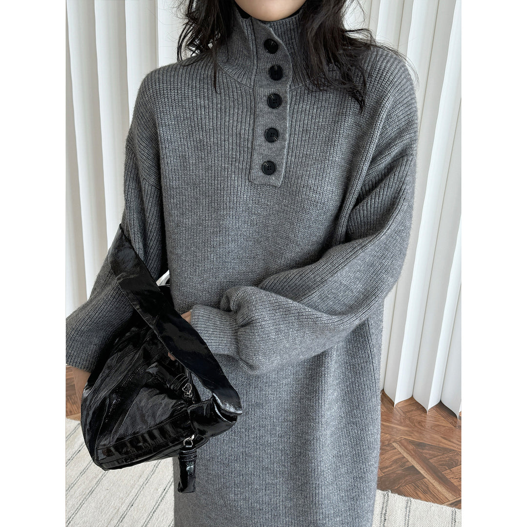 Damen Strickkleid mit Knopfleiste am Stehkragen und Rippstruktur Echoarchiv