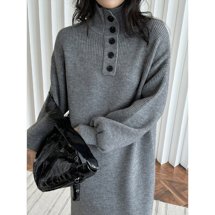 Damen Strickkleid mit Knopfleiste am Stehkragen und Rippstruktur Echoarchiv