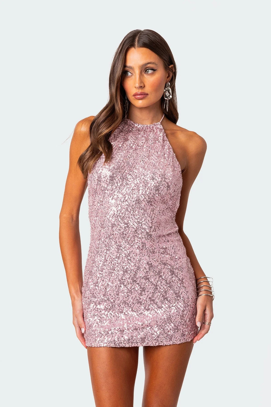 Damen Glitzerndes Minikleid mit hohem Hals und figurbetontem Schnitt Echo Archiv