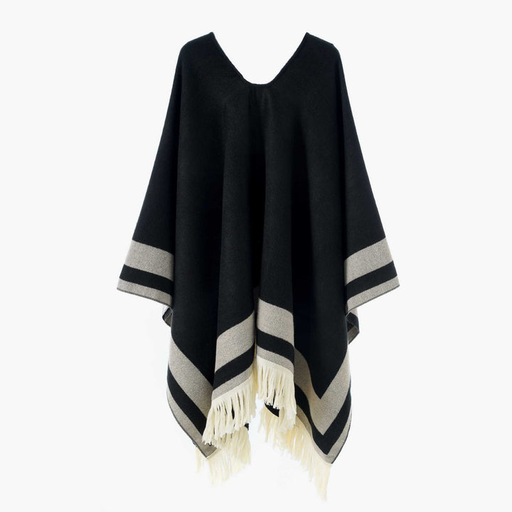 Damen Oversize Poncho-Cape mit V-Ausschnitt und Fransensaum – Avérine
