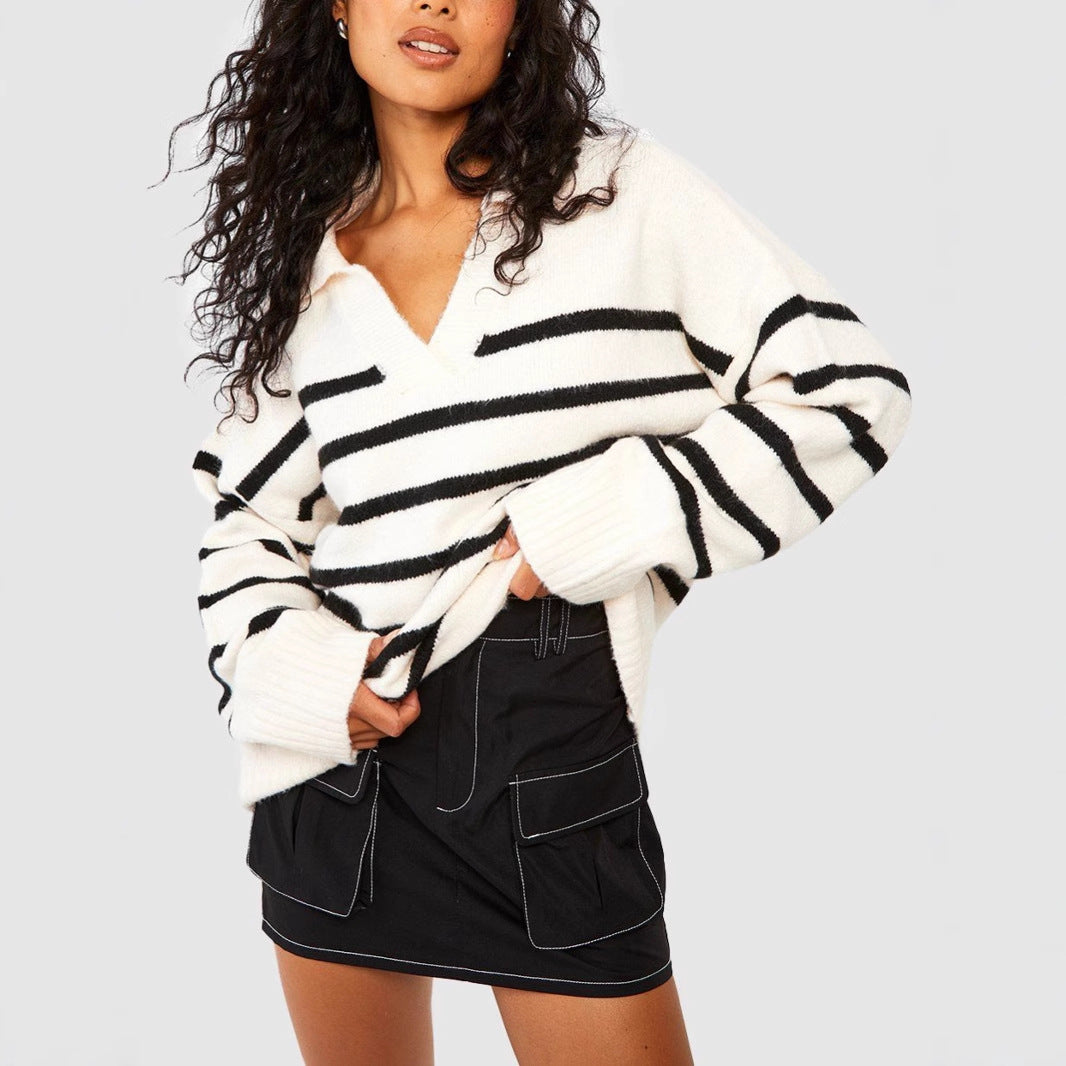 Damen Modischer Strickpullover mit V-Ausschnitt und Streifenmuster – Mavelle