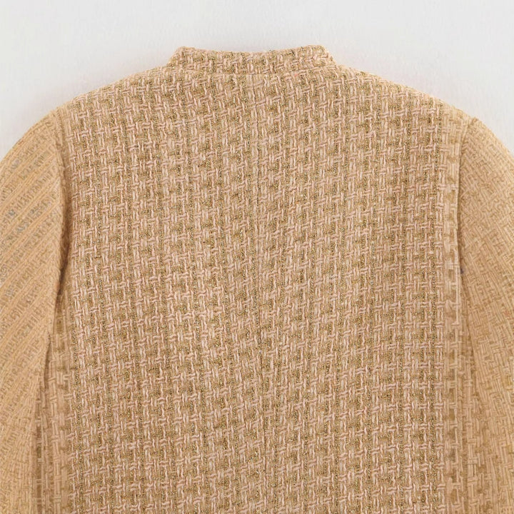 Damen taillierte Bouclé-Tweed Jacke mit Stehkragen und vier Zier-Taschen – Célinea