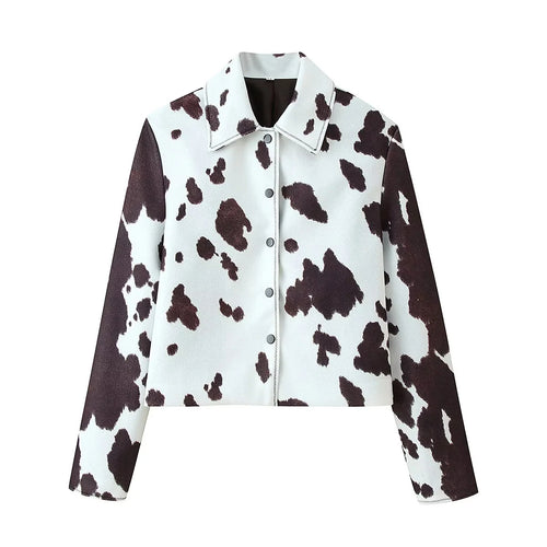 Damen kurzgeschnittene Hemdjacke mit Kuhfleckenmuster und Druckknopfverschluss – Célinea