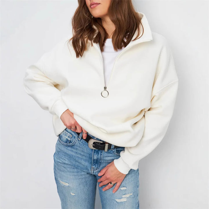 Damen Oversized Halbzip Sweater mit hohem Stehkragen und Rippbündchen – Auréline