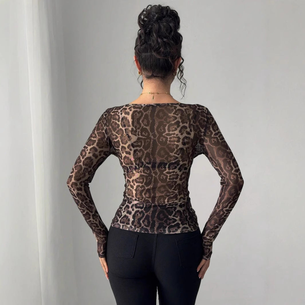 Damen nan eng anliegendes semitransparentes Meshshirt mit Leopardenmuster und Rundhalsausschnitt Echo Archiv