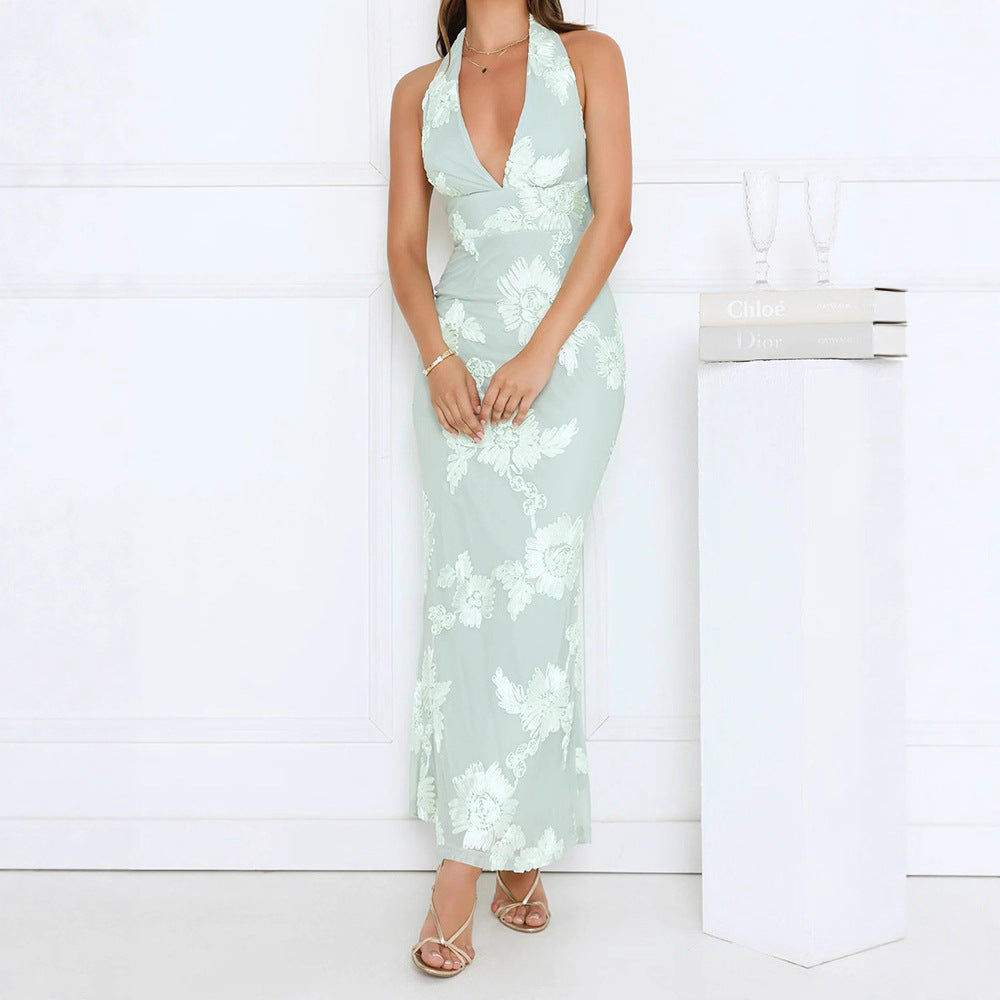 Damen Elegantes Maxikleid mit tiefem V-Ausschnitt und floralen Stickereien Echo Archiv