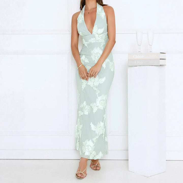 Damen Elegantes Maxikleid mit tiefem V-Ausschnitt und floralen Stickereien Echo Archiv