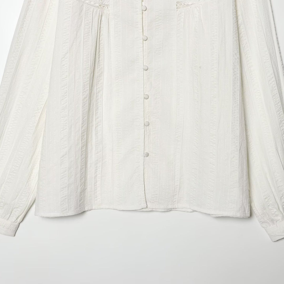 Damen Lockeres Vintage-Bluse mit Stehkragen, Spitzeinsätzen und Ballonärmeln Echo Archiv