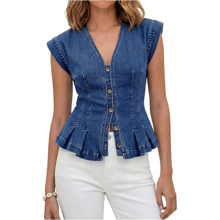 Damen Tailliertes Jeans-Top mit Schößchen und Knopfleiste Echoarchiv