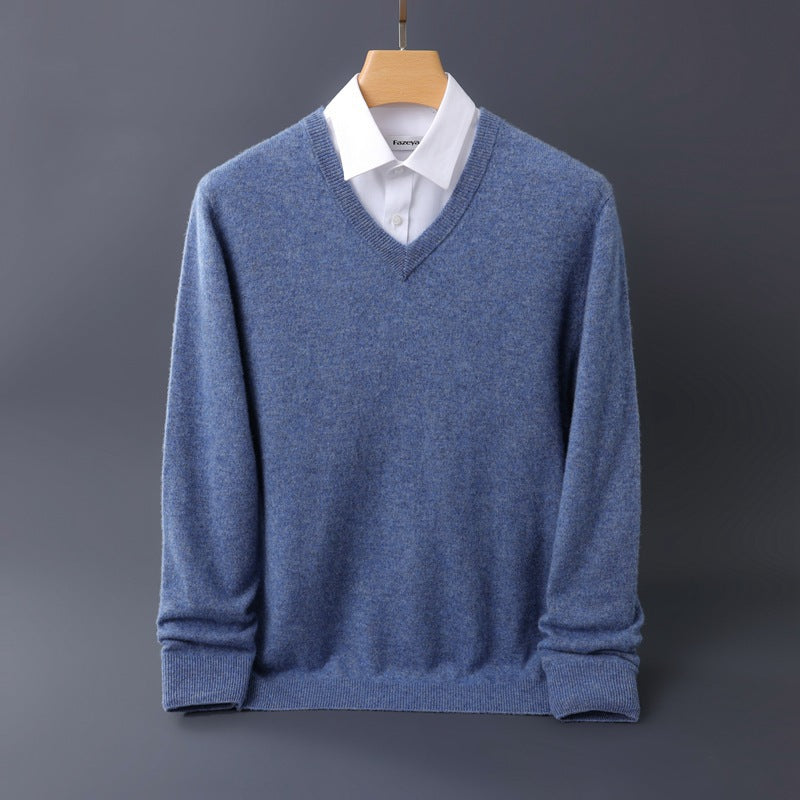 Herren Feiner V-Ausschnitt-Pullover aus Merino-Kaschmir-Mix mit gerippten Bündchen Echoarchiv