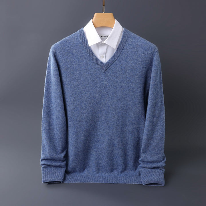 Herren Feiner V-Ausschnitt-Pullover aus Merino-Kaschmir-Mix mit gerippten Bündchen Echoarchiv