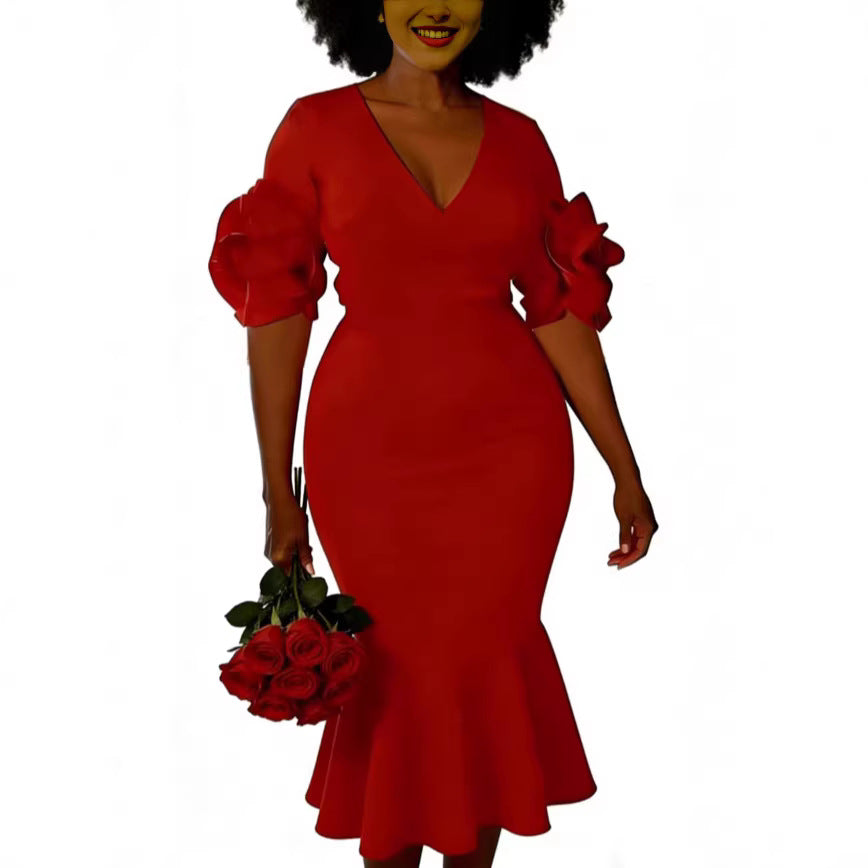 Damen figurbetontes Kleid mit voluminösen Rüschenschultern Echo Archiv