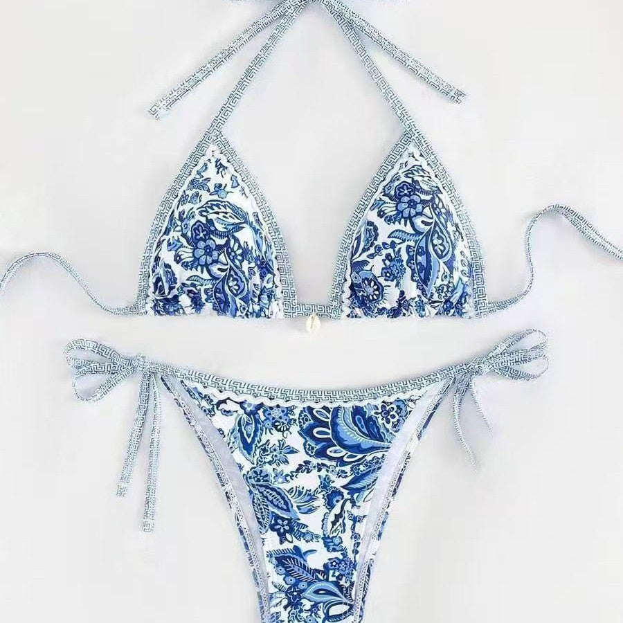 Damen Triangel-Bikini mit floralem Muster und verstellbaren Bindebändern Echo Archiv