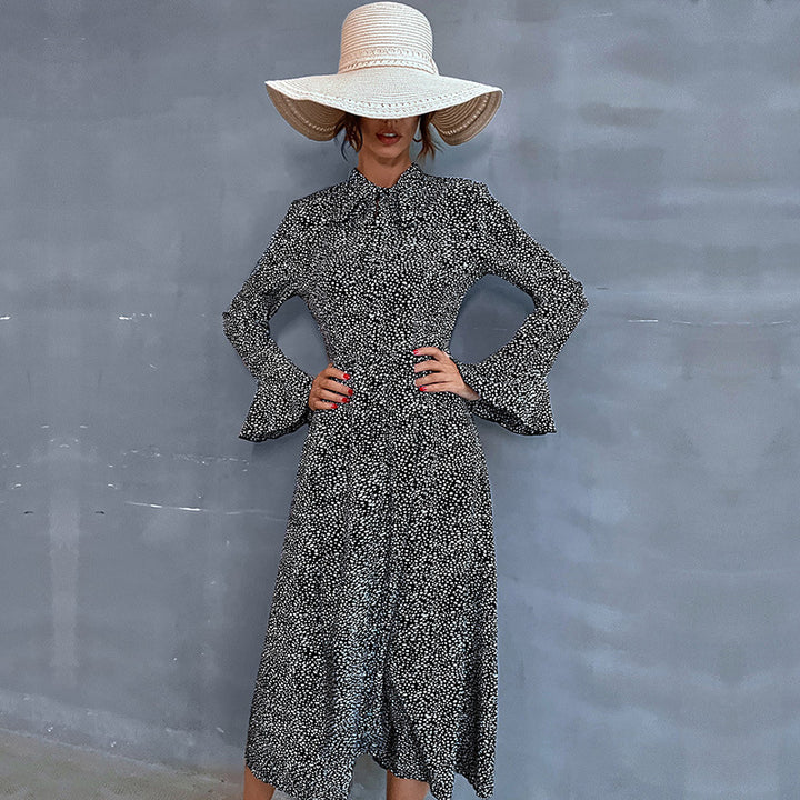 Damen Midikleid mit Stehkragen und Bindeschleife, Langarm A‑Linie mit feinem Pünktchenmuster Echoarchiv