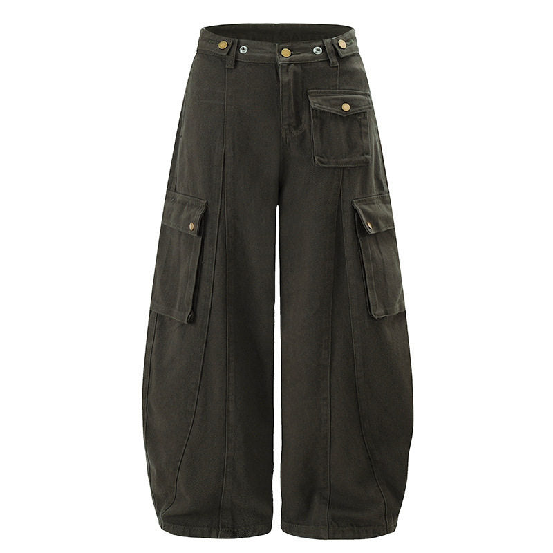 Damen Weite Cargo-Palazzo-Hose mit hohem Bund, Ballon-Saum und mehreren Klappentaschen Echoarchiv