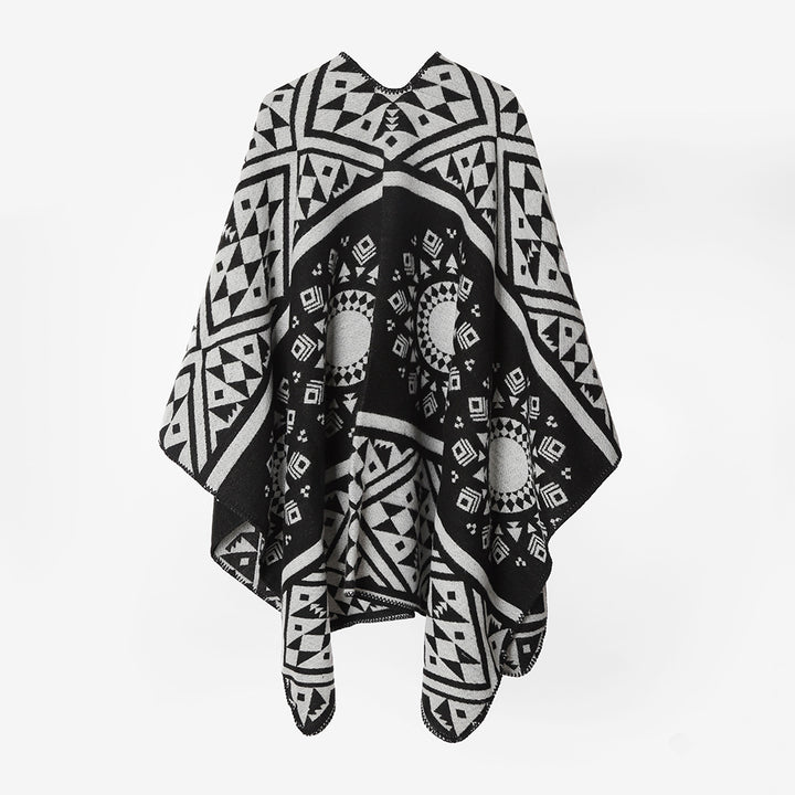 Damen Gewebter Jacquard‑Poncho mit Ethno‑Geometrischem Muster – Avérine