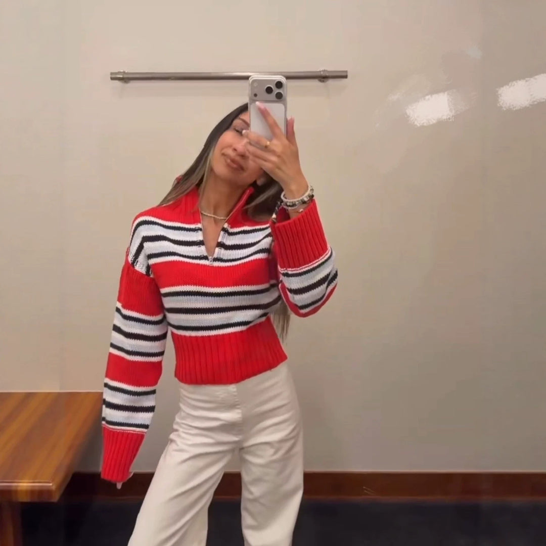 Damen Cropped Strickpullover mit halbem Reißverschluss, Stehkragen und Ballonärmeln Echo Archiv