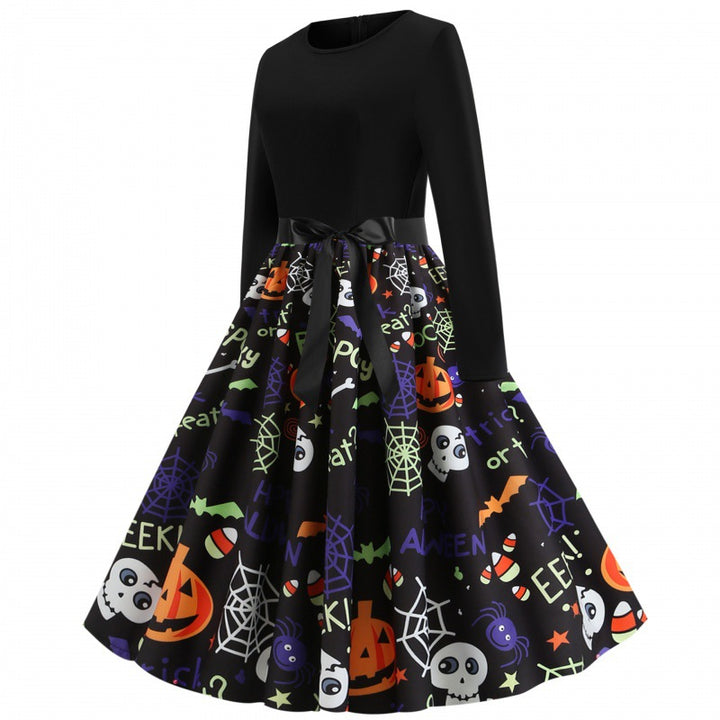 Damen Swingkleid mit Halloween-Print, taillierter Satin-Schärpe und langem Ärmel – Élara