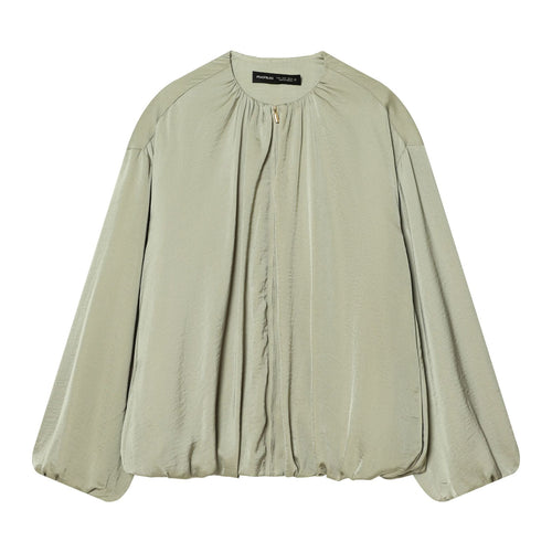 Damen leicht taillierte Blouson‑Jacke mit gerafftem Rundhalsausschnitt, verdecktem Reißverschluss und ballonförmigen Ärmeln – Célinea