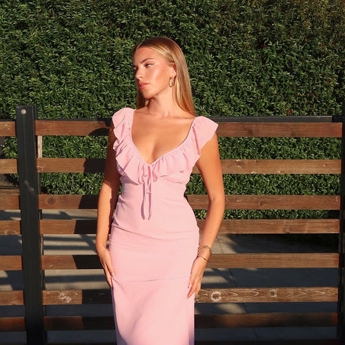 Damen figurbetontes Maxikleid mit Rüschendetails und V-Ausschnitt Echo Archiv