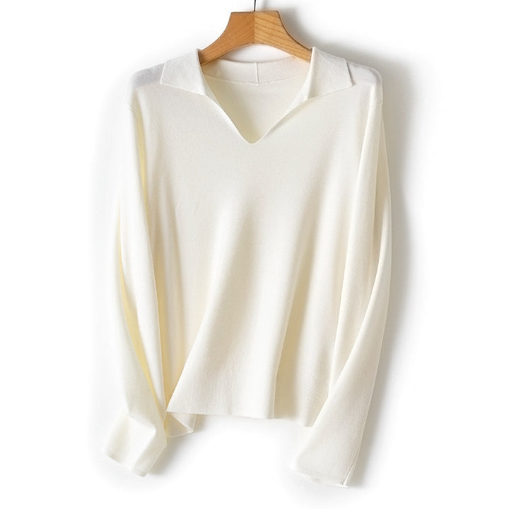 Damen feiner leichter V-Ausschnitt-Pullover mit offenem Hemdkragen und legerer Silhouette Echoarchiv