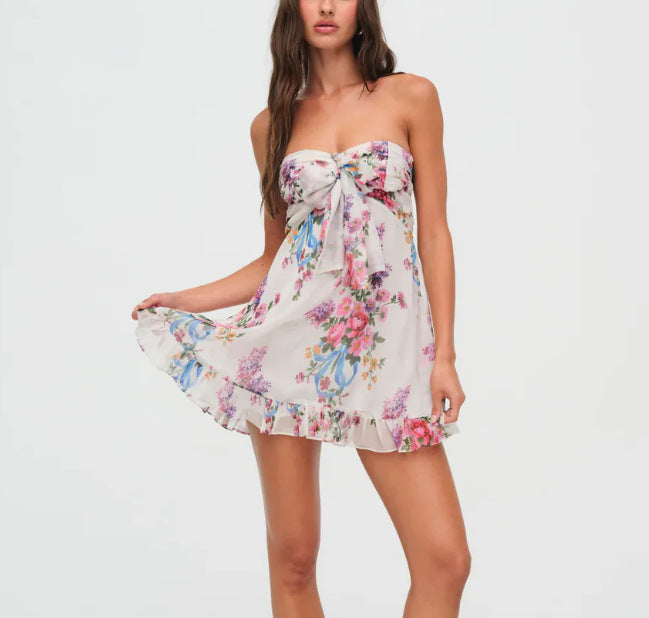 Damen nan trägerloses Chiffon-Sommerkleid mit Blumenmuster Bandeau-Oberteil und Volantbesatz Echo Archiv