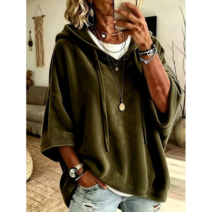 Damen Luxuriöser Samt-Hoodie mit Kimono-Kurzärmeln und Tunnelzug Echoarchiv